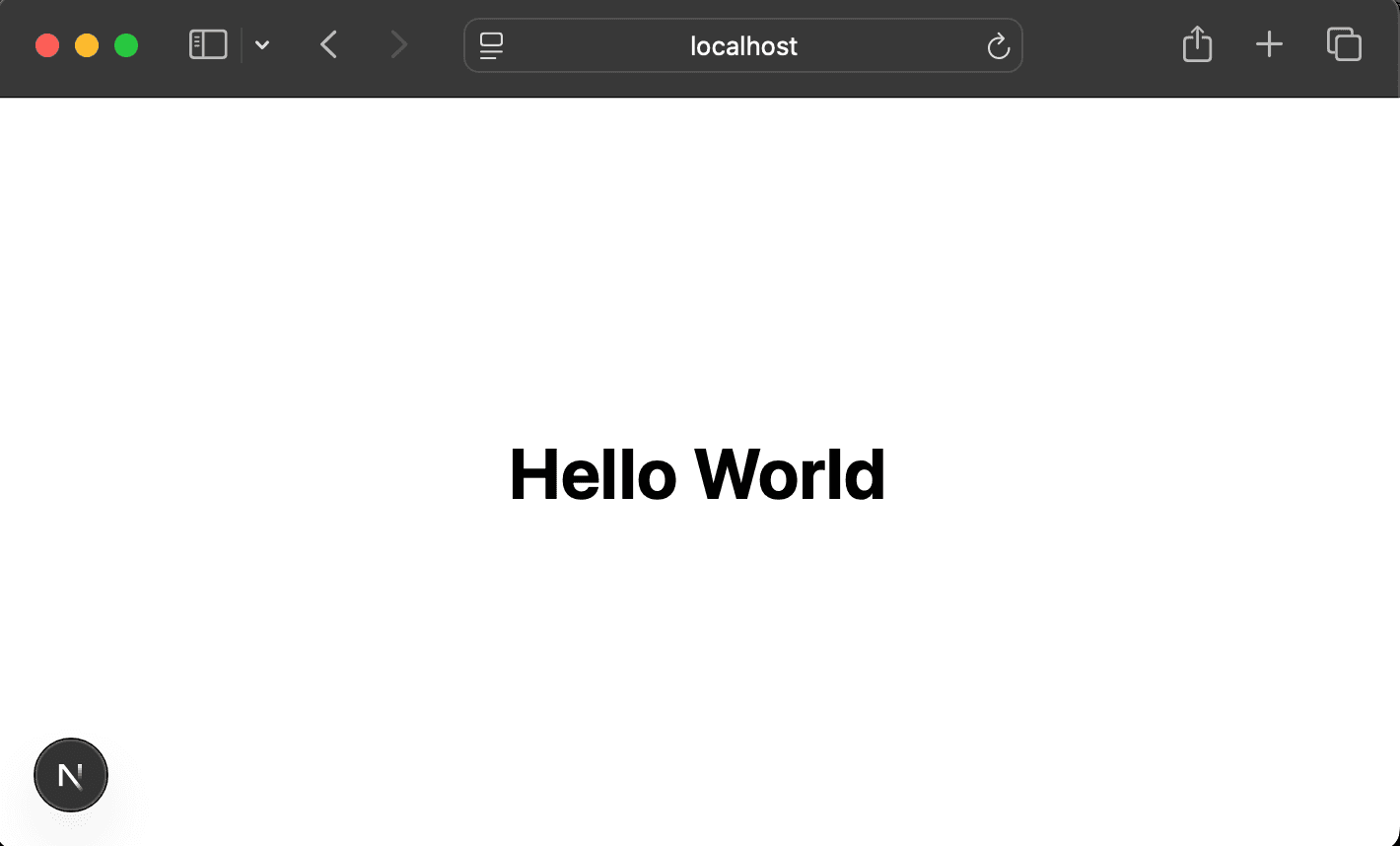 Browser showing Next.js development server with 'Hello World' heading centred on the page
