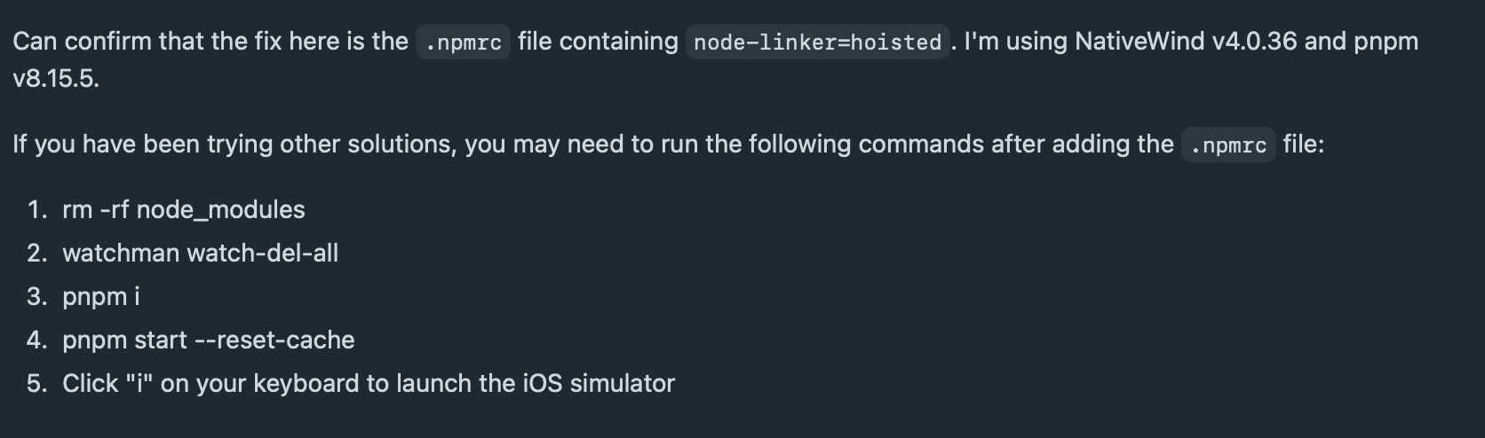 GitHub issue thread showing the community solution for Metro bundling problems in pnpm monorepos