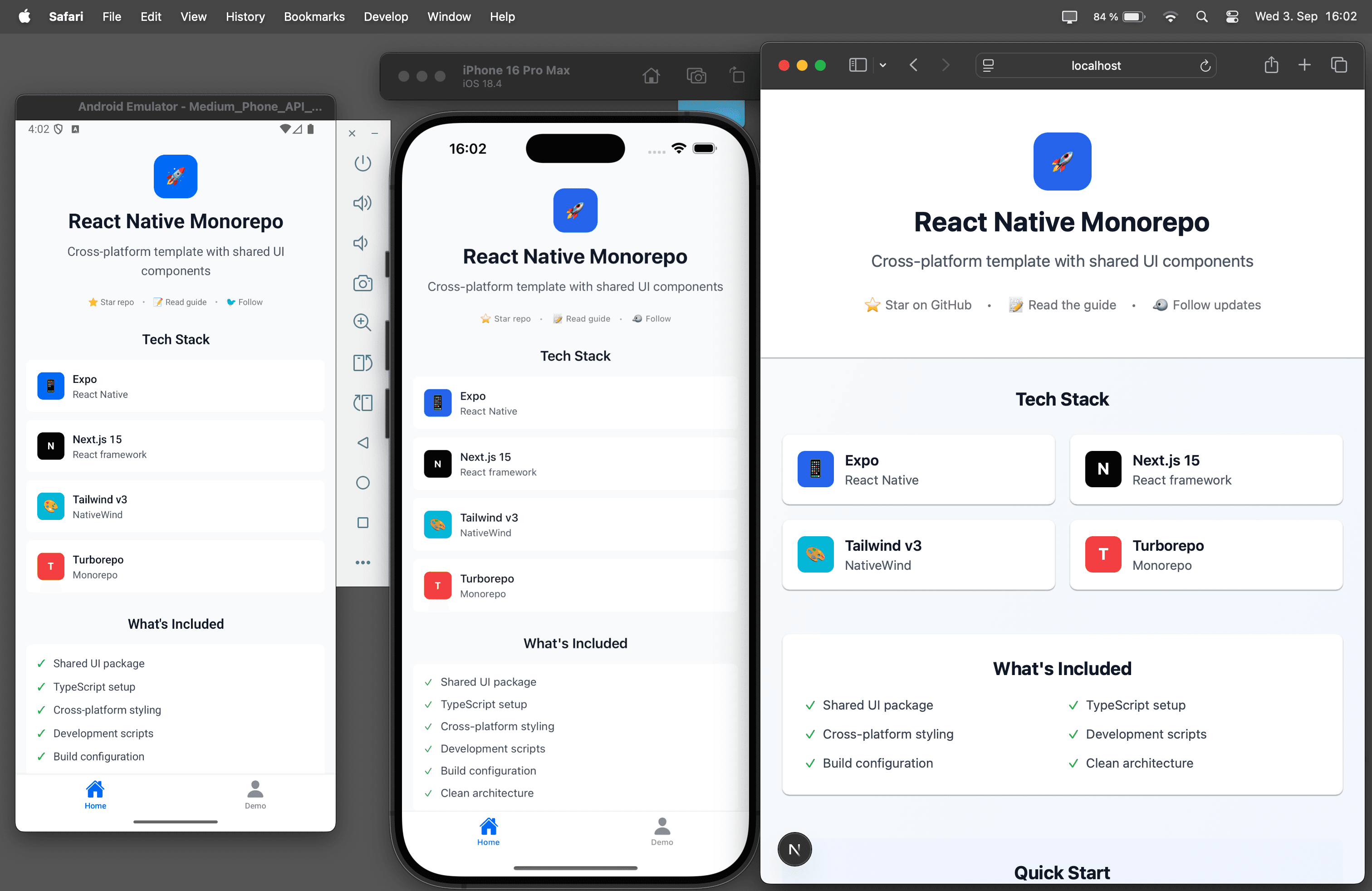 Universal React Monorepo running on three platforms: web browser, iOS simulator, and Android emulator, all displaying the same shared UI components