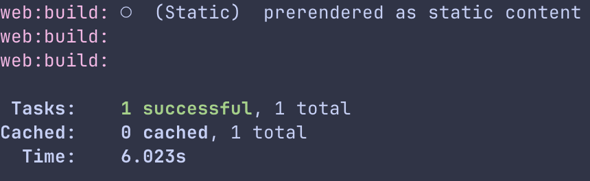 Terminal showing build completion in 6.12s with task summary