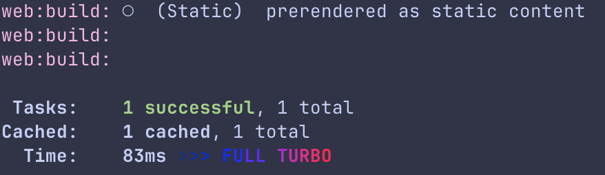 Terminal showing cached build completion in just 83ms