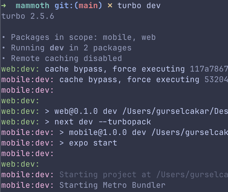 Terminal showing overlapping log output from both web and mobile development servers running simultaneously