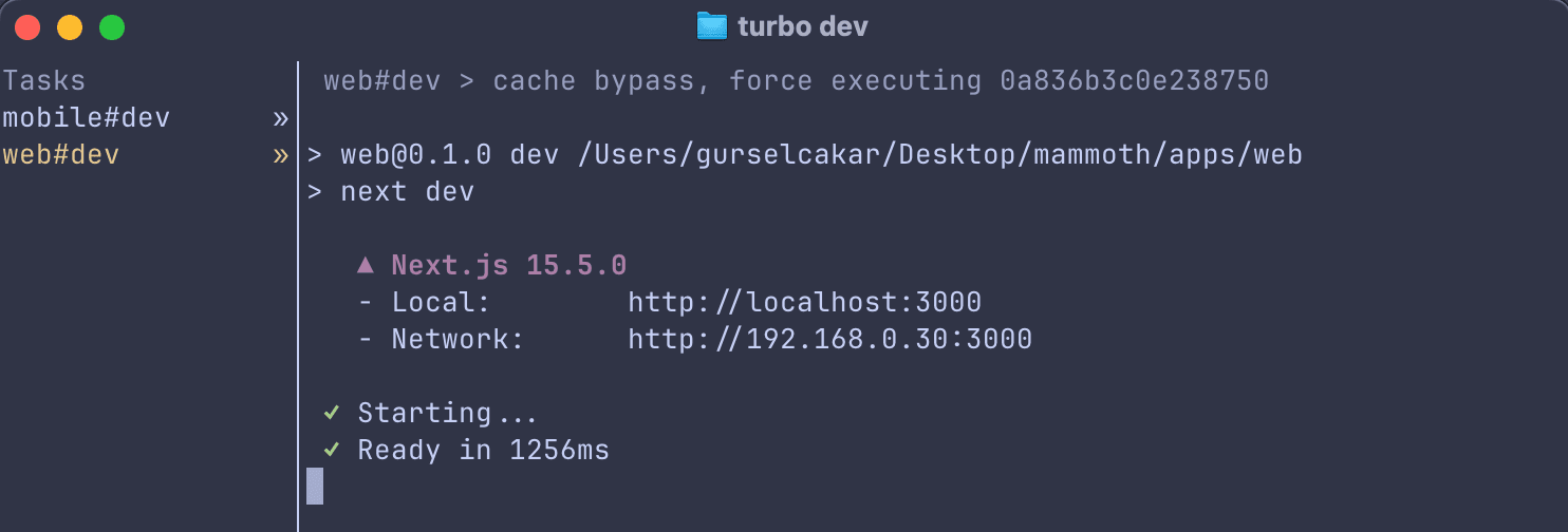 Turborepo TUI showing Next.js web development server logs with local and network URLs