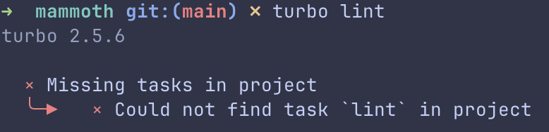 Terminal error showing 'turbo lint' command failed because lint task is not defined in turbo.json