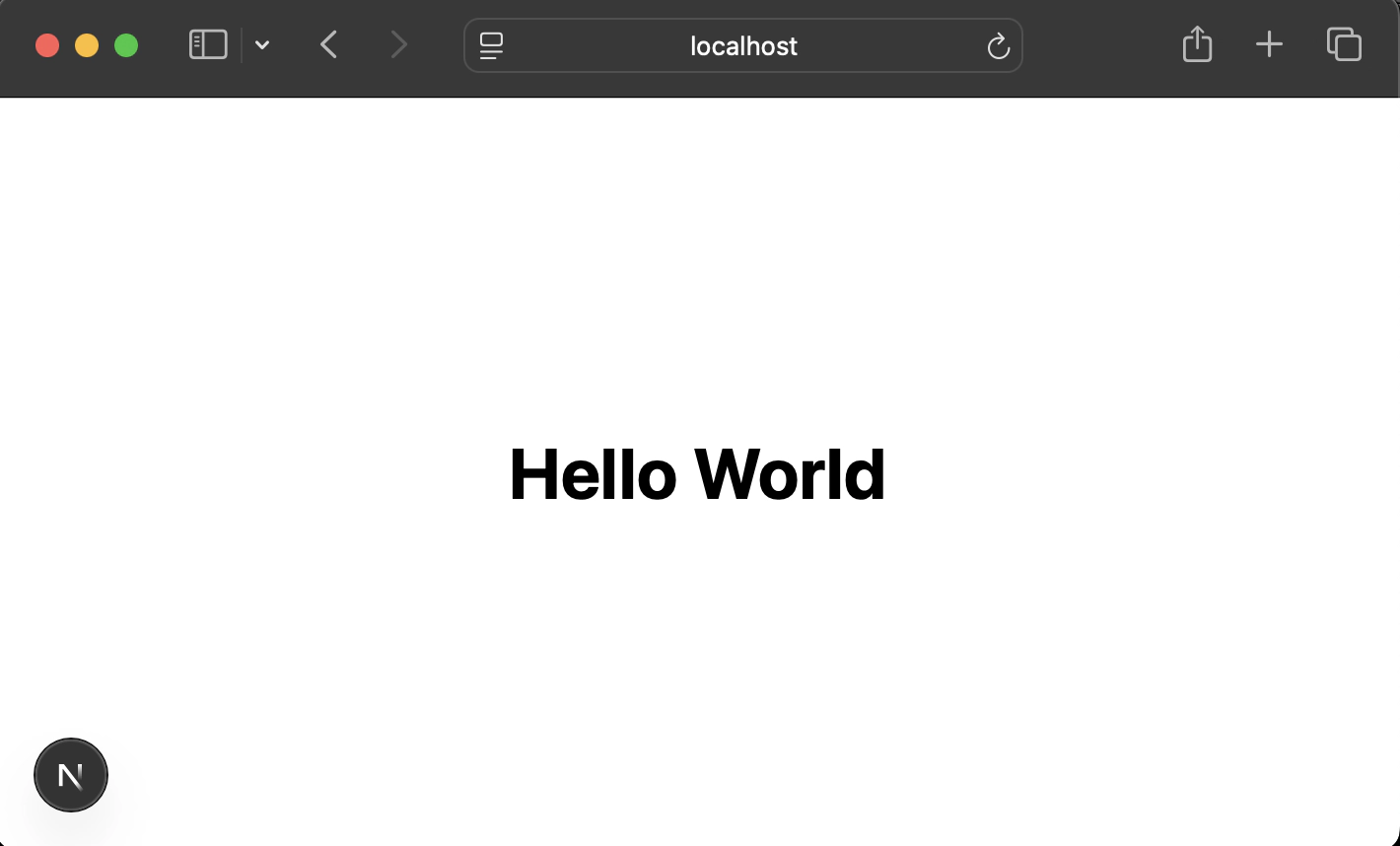 Browser showing Next.js development server with &lsquo;Hello World&rsquo; heading centred on the page