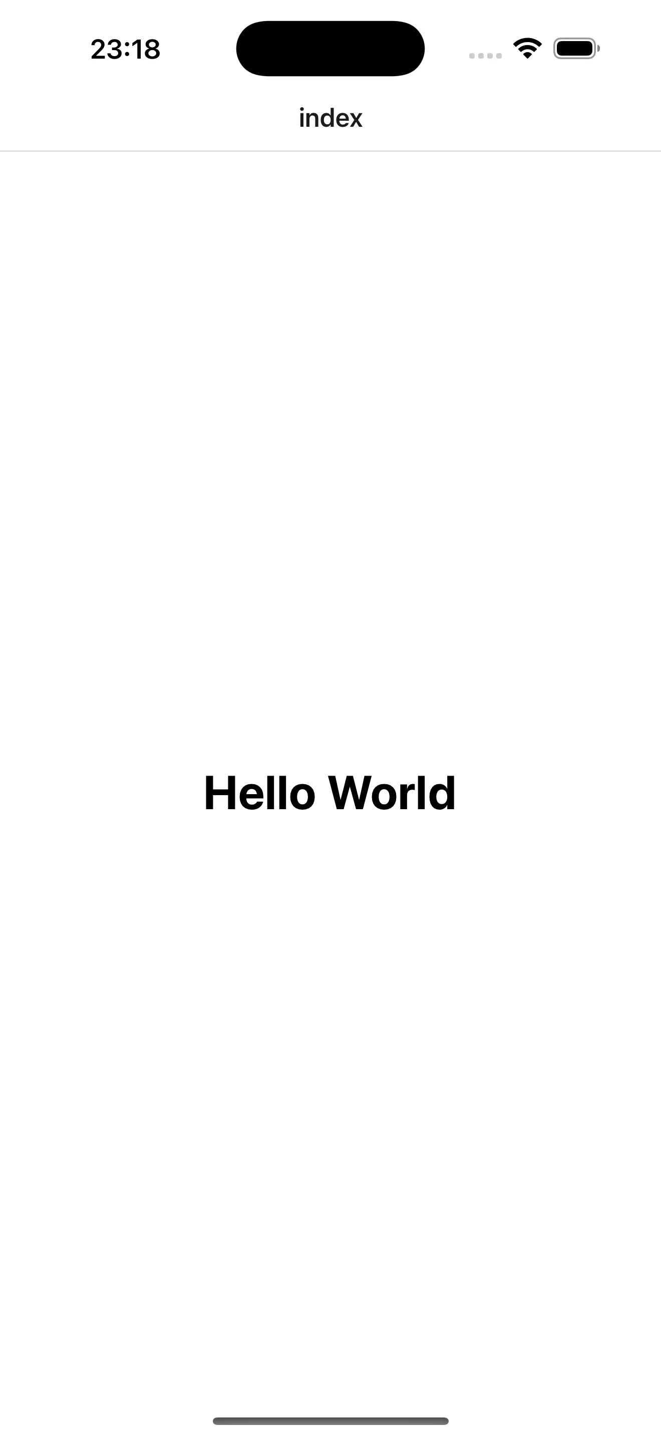 iOS Simulator displaying &lsquo;Hello World&rsquo; text in large font on a white background