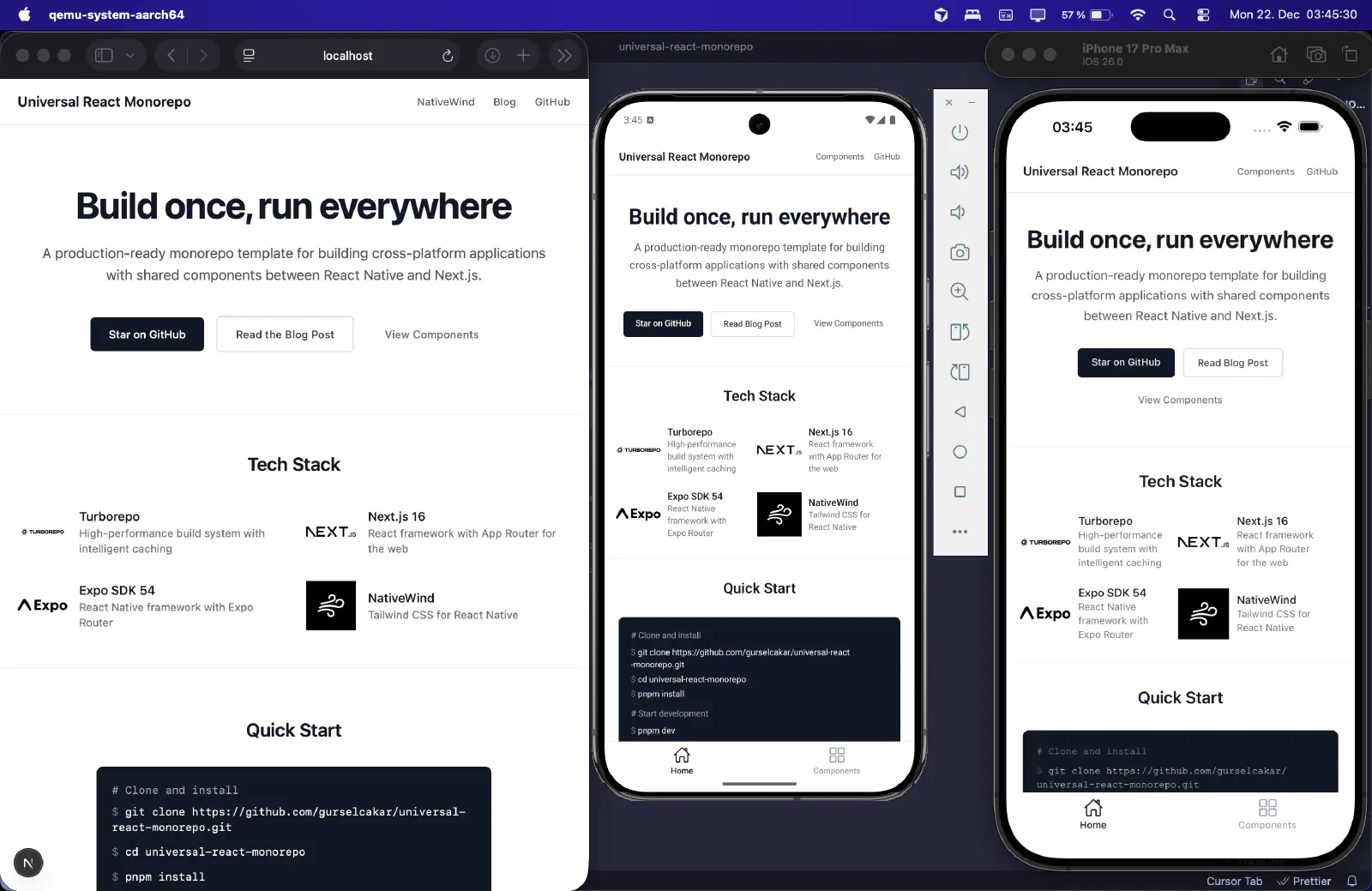 Universal React Monorepo running on three platforms: web browser, iOS simulator, and Android emulator, all displaying the same shared UI components