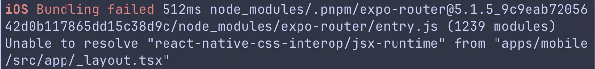 Terminal showing Metro bundling error about unable to resolve module dependencies in the monorepo