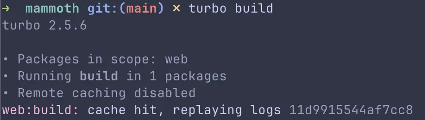 Terminal output showing Turborepo cache hit with &lsquo;HIT&rsquo; status for the web:build task
