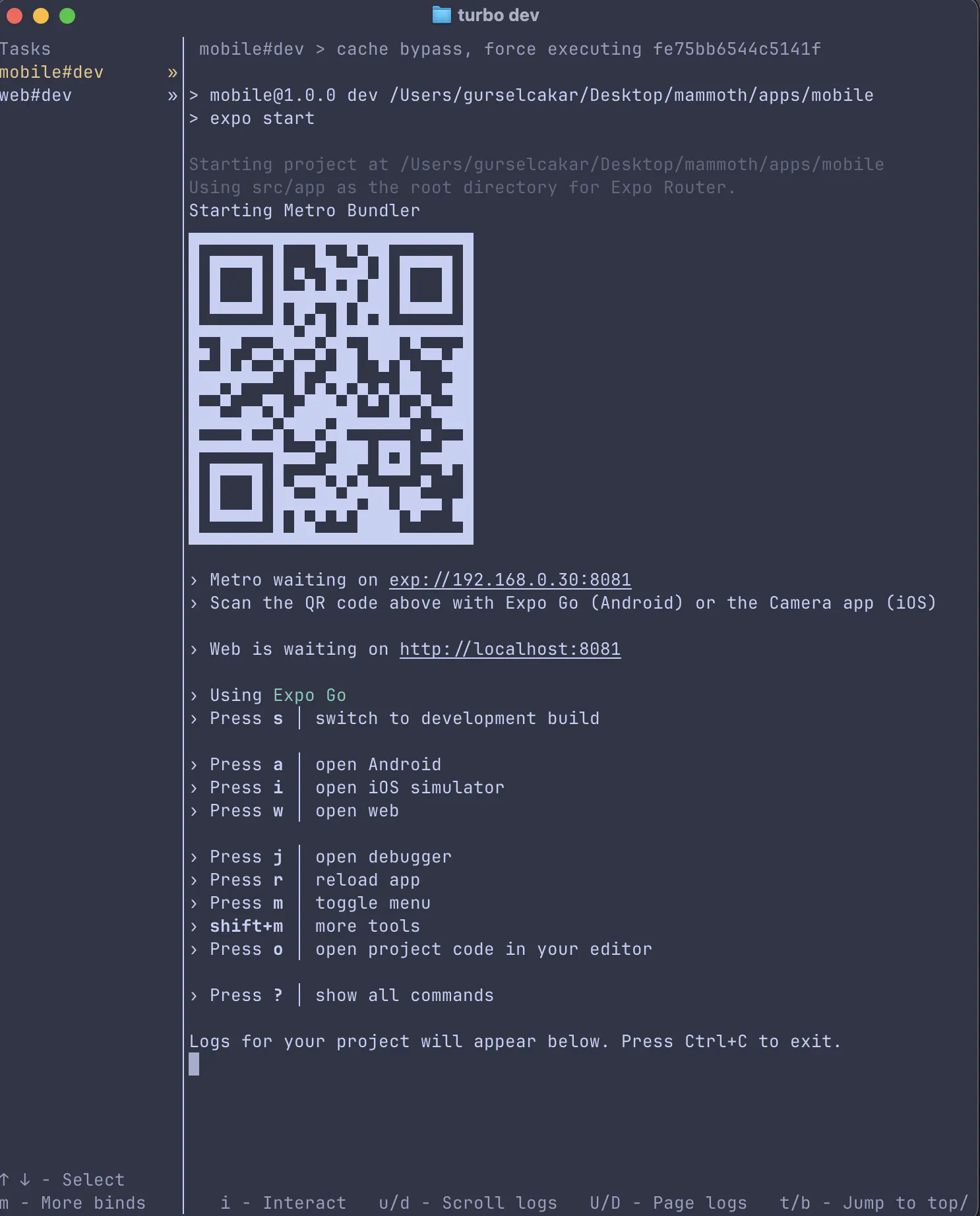 Turborepo TUI showing mobile development server logs with Expo QR code and Metro bundler information